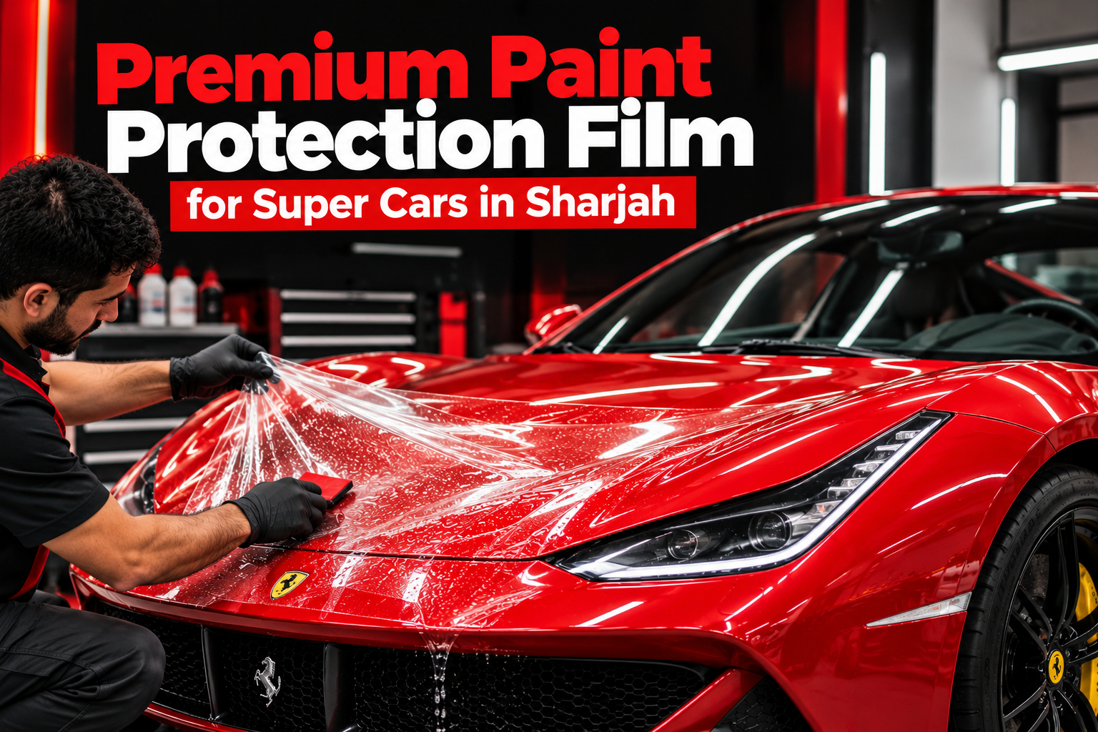 Premium paint protection film for super cars in Sharjah, with a technician applying clear PPF to a red luxury sports car.